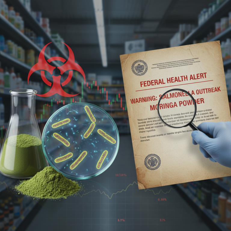 An image showing a federal health alert about a salmonella outbreak, moringa powder, and a biohazard symbol.