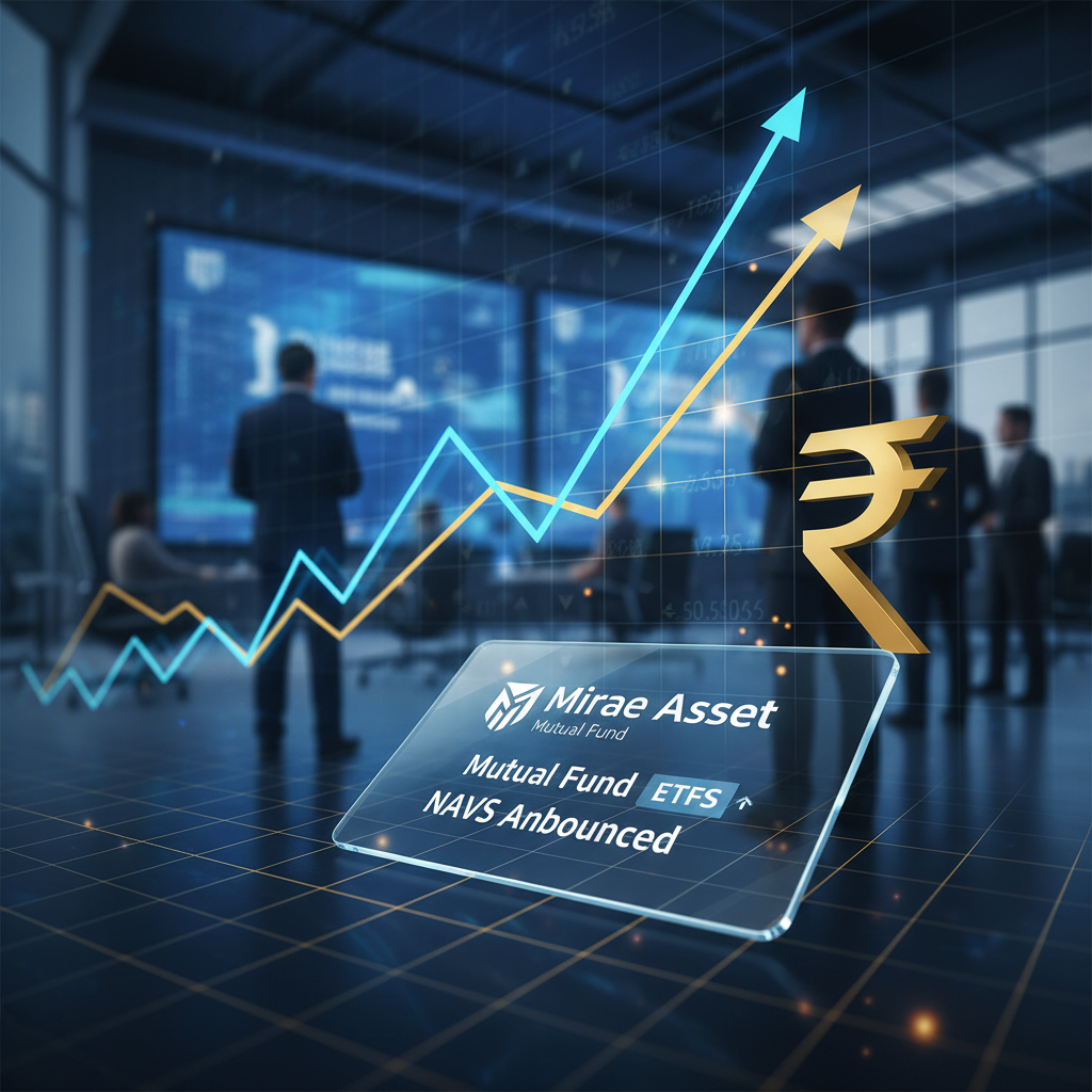 A modern office setting with a holographic display showing "Mirae Asset Mutual Fund ETFs NAVs Announced" and an upward trend.