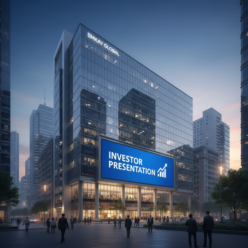 A modern office building with "INVESTOR PRESENTATION" on a large digital screen.