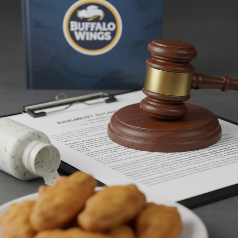 A judge's gavel rests on a legal document titled "JUDGMENT DISMISSAL," with boneless wings and ranch dressing nearby.