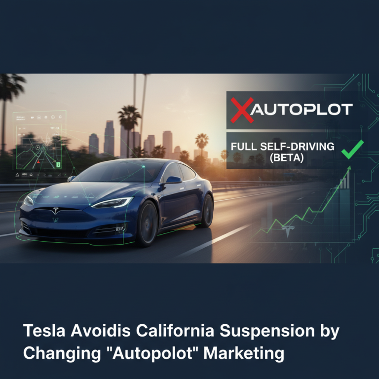 A Tesla vehicle on a highway with "Autopilot" crossed out and "Full Self-Driving (Beta)" checked.