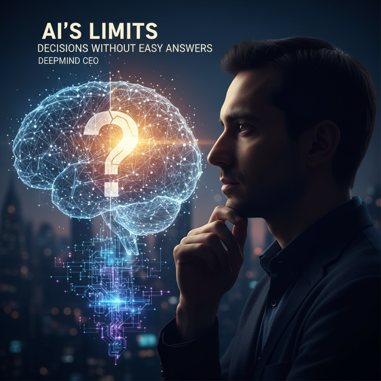 Man contemplating a glowing brain graphic with a question mark, symbolizing AI's limitations and complex decisions.