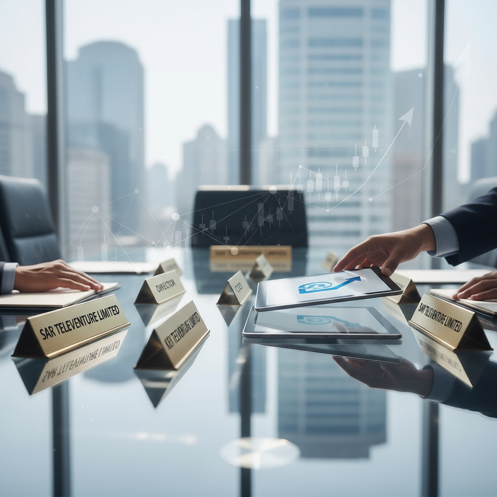 A professional image showing a business meeting with nameplates and a tablet displaying a financial graph.