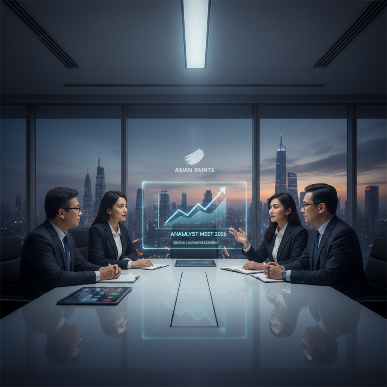 Four professionals in a boardroom meeting discussing growth charts for Asian Paints.