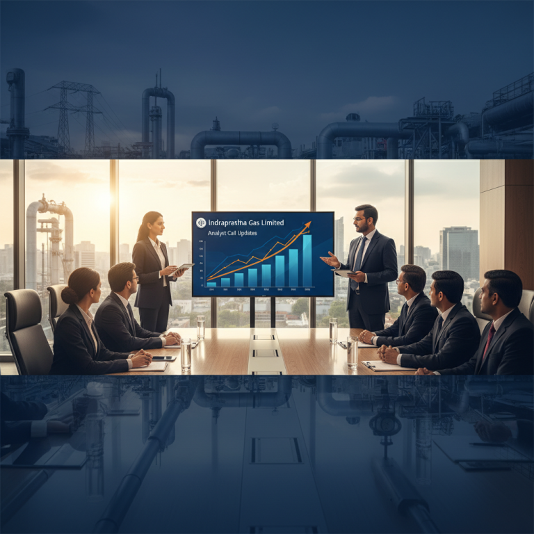 A professional image showing an Indraprastha Gas Limited analyst call with graphs and industrial background.