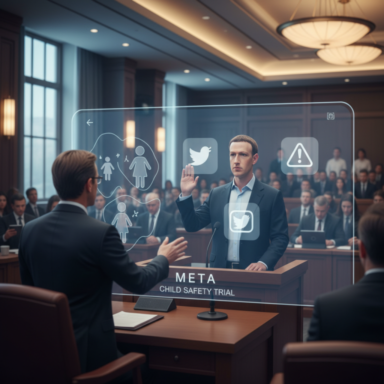 Mark Zuckerberg taking an oath in a courtroom, with a transparent display showing social media icons.
