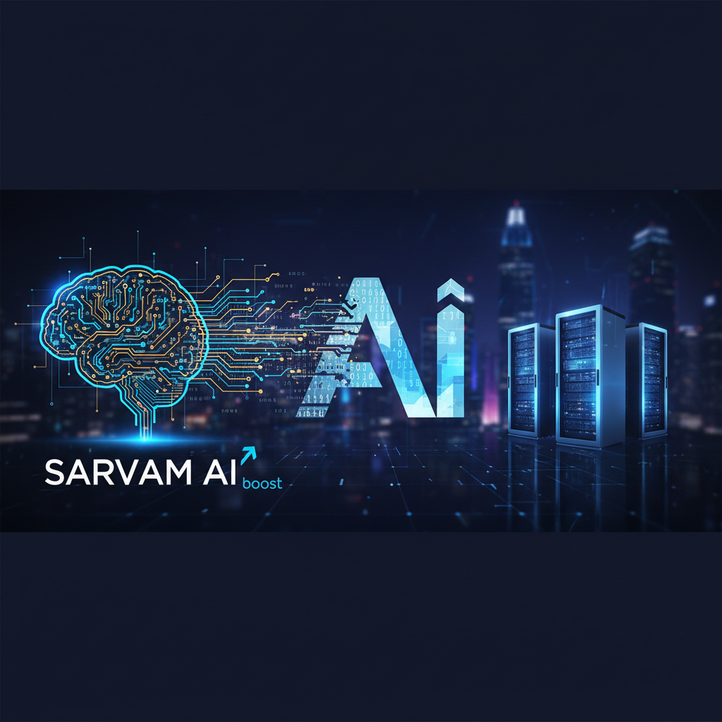 Digital brain connecting to AI text and server racks with "Sarvam AI boost" text, representing advanced LLMs.