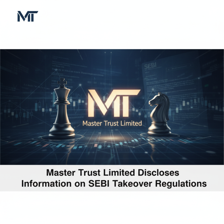 Chess pieces (king and knight) on a digital stock market graph background, with "SEBI" and "Master Trust Limited" text.