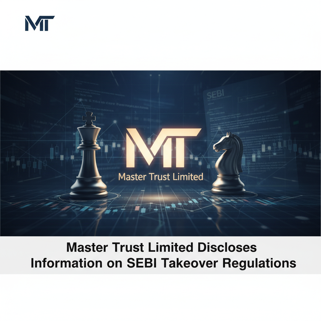 Chess pieces (king and knight) on a digital stock market graph background, with "SEBI" and "Master Trust Limited" text.