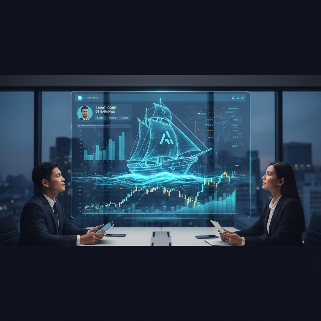 Two professionals review a holographic display showing financial data and a stylized ship, symbolizing market navigation.
