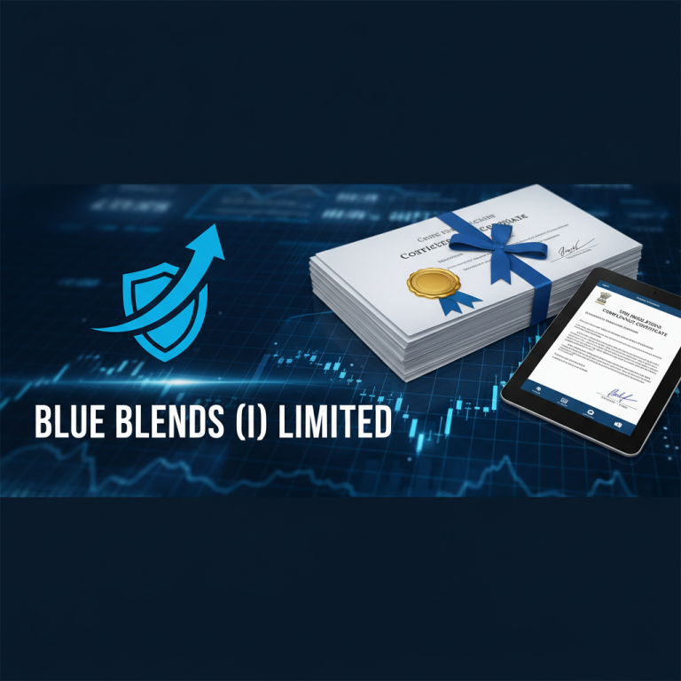 A professional image signifying corporate compliance with a blue upward arrow, a certificate, and a digital tablet.