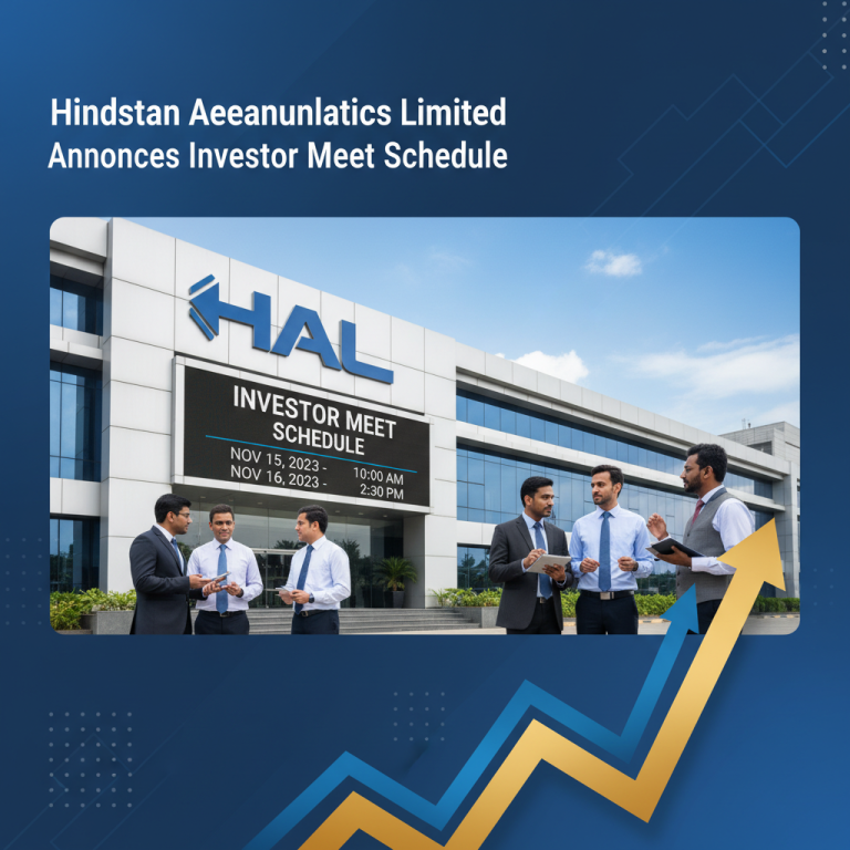 Professional image of the HAL building with business people and an upward trending stock graph.