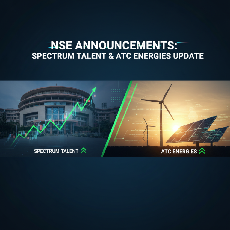 A professional graphic for an article about NSE announcements, featuring charts, a building, and renewable energy symbols.