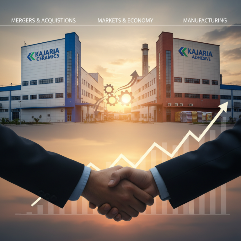 Two hands shaking with a backdrop of two factories, representing a merger, and an upward trending graph.