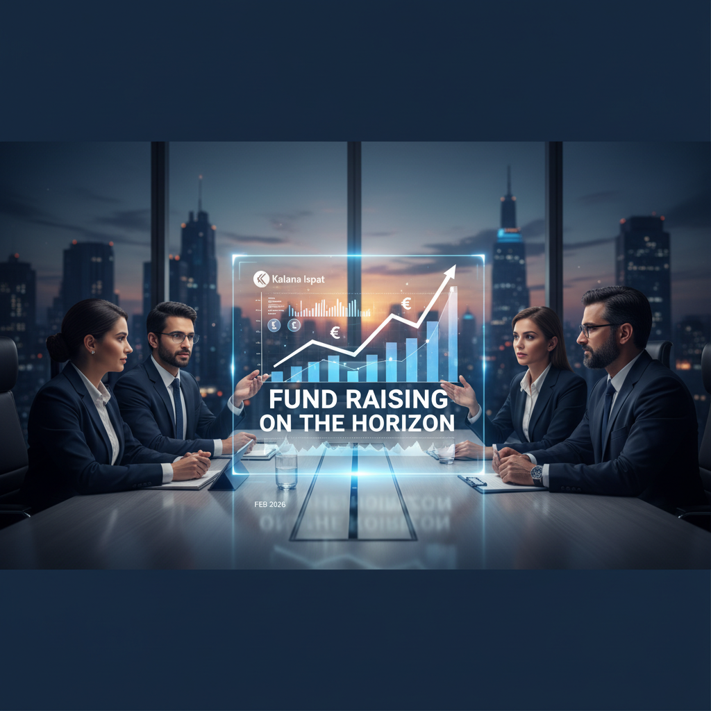 Four professionals in a boardroom with a holographic display showing financial graphs and "FUND RAISING ON THE HORIZON."