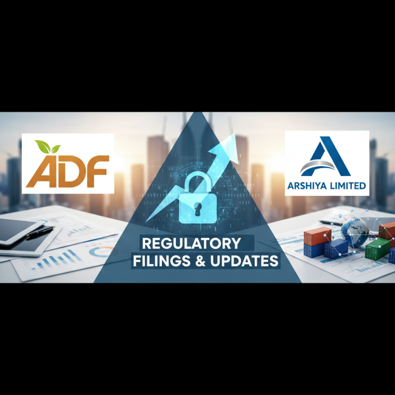 A professional graphic with logos for ADF and Arshiya Limited, financial documents, an upward arrow, a padlock, and global trade elements.