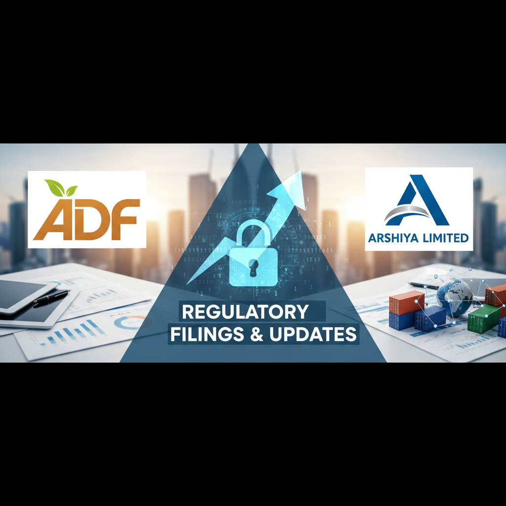 A professional graphic with logos for ADF and Arshiya Limited, financial documents, an upward arrow, a padlock, and global trade elements.