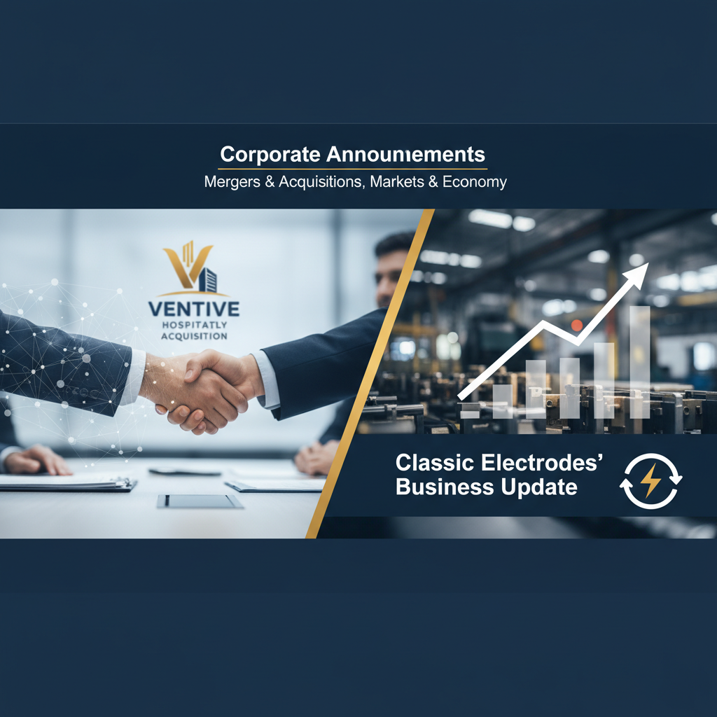 Professional image depicting a corporate handshake, Ventive Hospitality logo, and a business update chart with an upward trend.