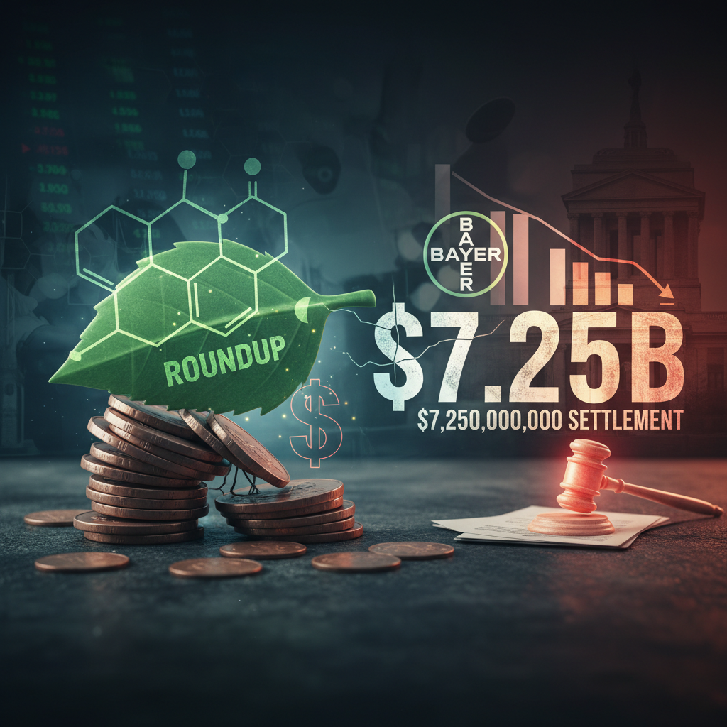 ** A visual metaphor showing financial pressure on Bayer due to Roundup settlement, with money, scales, and a gavel.