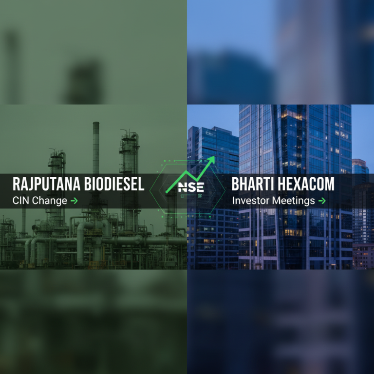 A split image showing an industrial plant for Rajputana Biodiesel and corporate buildings for Bharti Hexacom, with NSE logo.