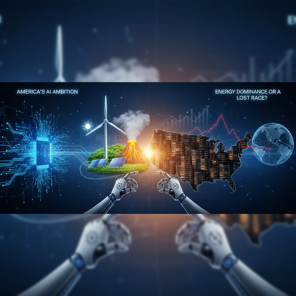 Robotic hands interact with a holographic map of the USA, showcasing AI, renewable energy, and economic graphs.