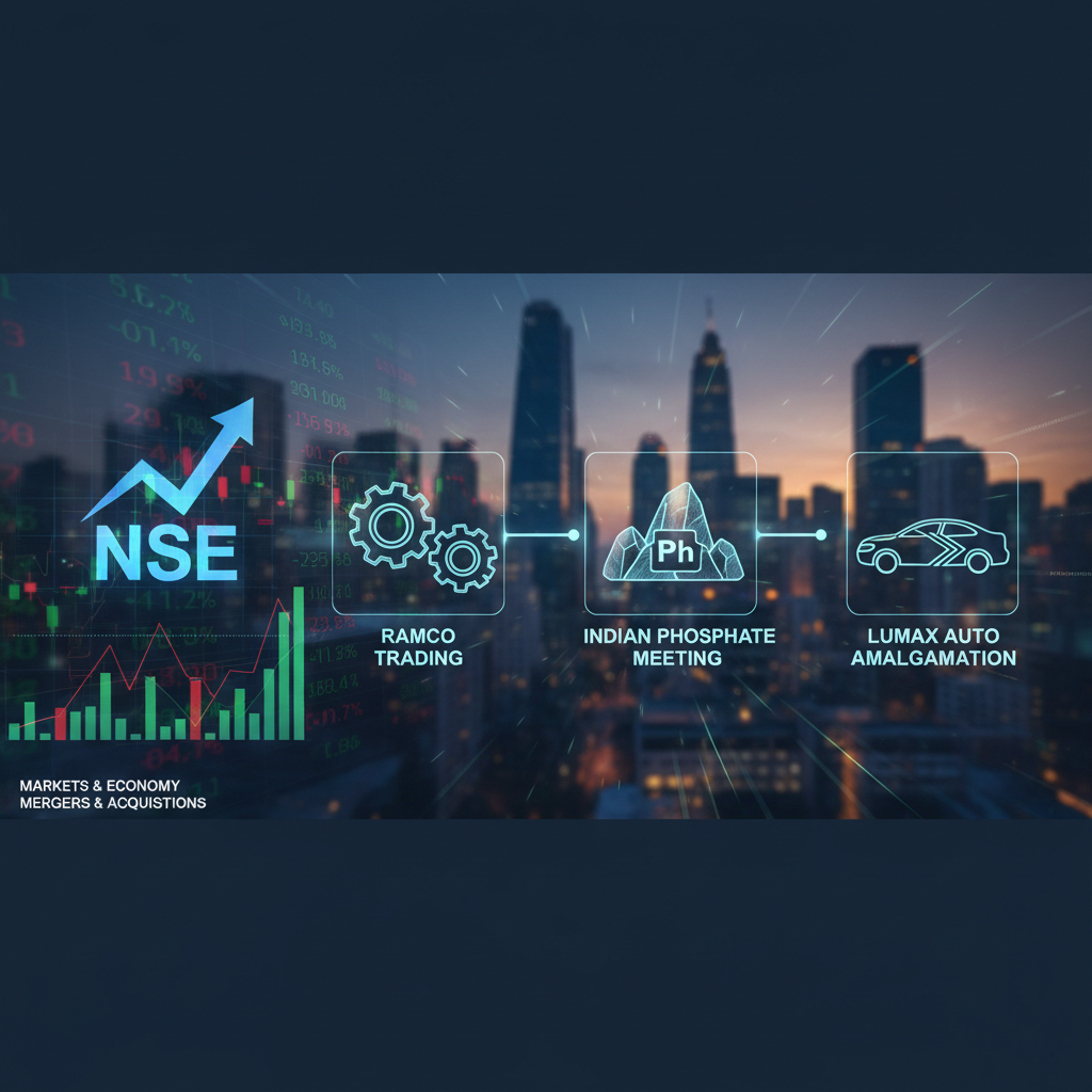 A professional image representing stock market activities with "NSE" and icons for trading, meetings, and amalgamations.