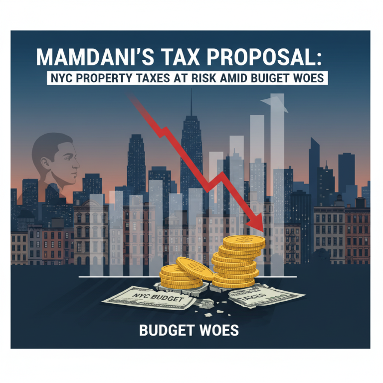 An image showing NYC buildings and a downward arrow, representing economic decline and budget woes.