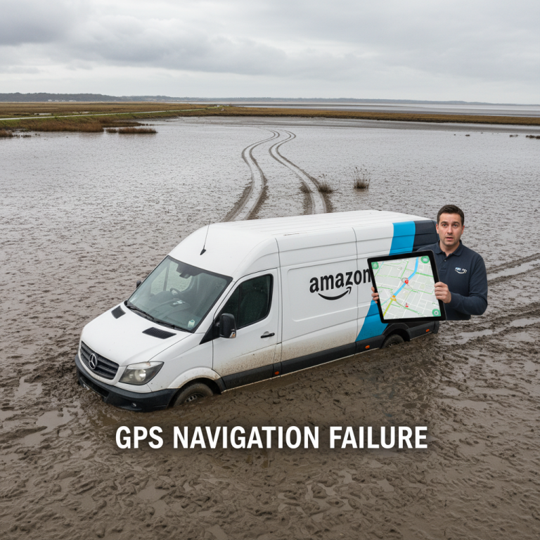 An Amazon delivery van is deeply stuck in vast mudflats under an overcast sky, with tire tracks leading to it.