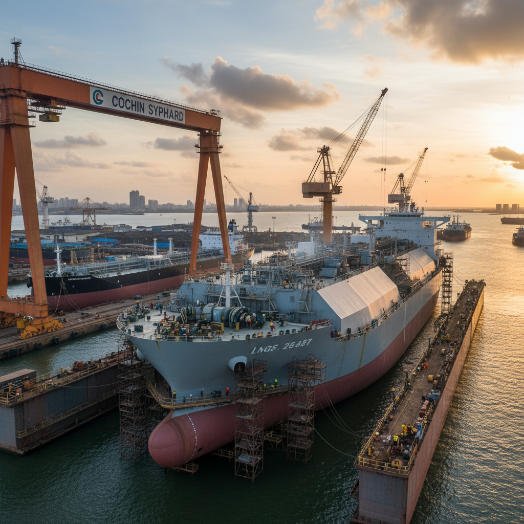 An LNG-powered vessel under construction at Cochin Shipyard, with cranes and other ships visible at sunset.