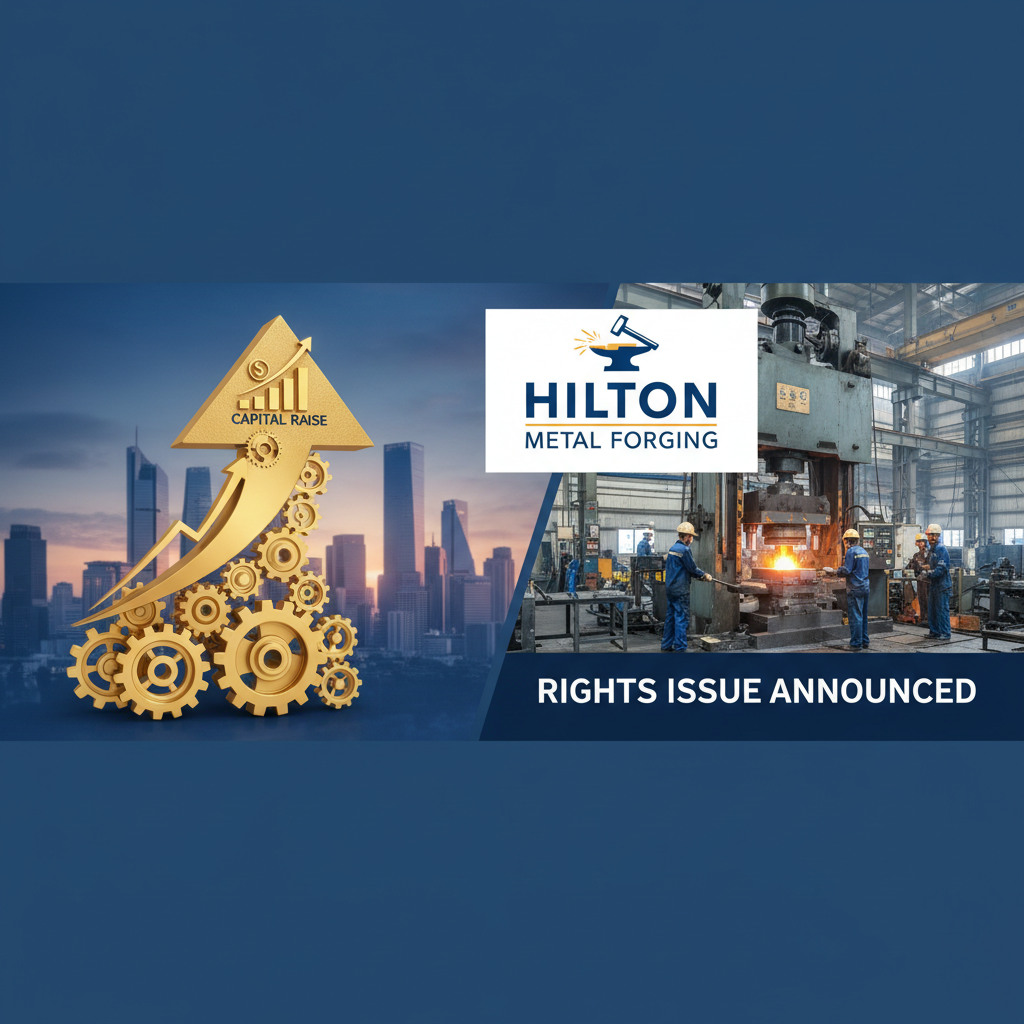 A professional image blending market growth with manufacturing. Features an upward arrow, gears, city skyline, and factory floor.