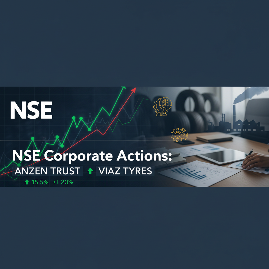 A professional image showing "NSE Corporate Actions: Anzen Trust, Viaz Tyres" with stock charts and financial documents.