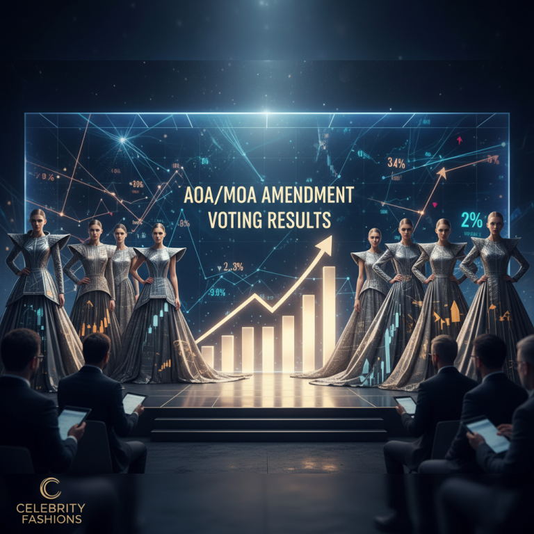 A group of elegantly dressed figures stands on a stage before a large screen displaying stock market graphs and "AOA/MOA AMENDMENT VOTING RESULTS".
