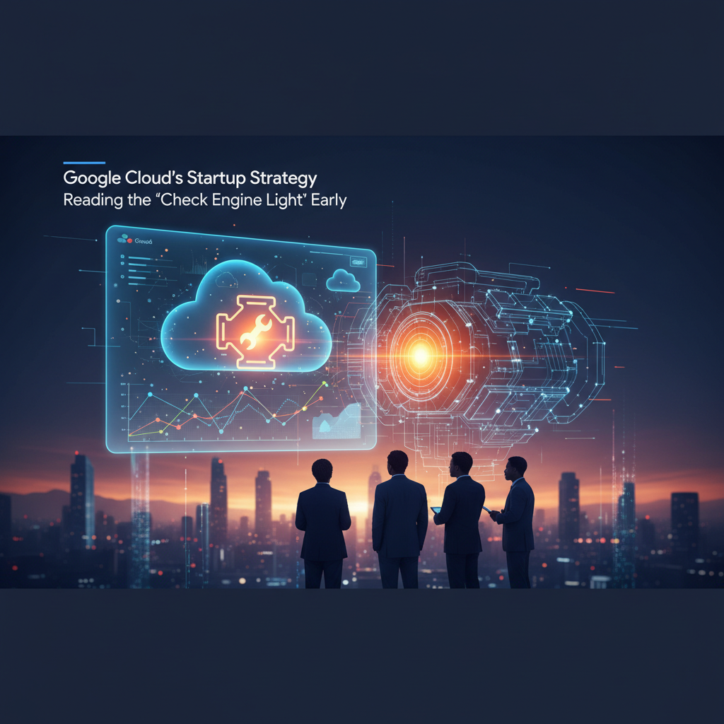 Four business professionals observing a vibrant, futuristic cloud interface with a "check engine" light symbol over a cityscape.