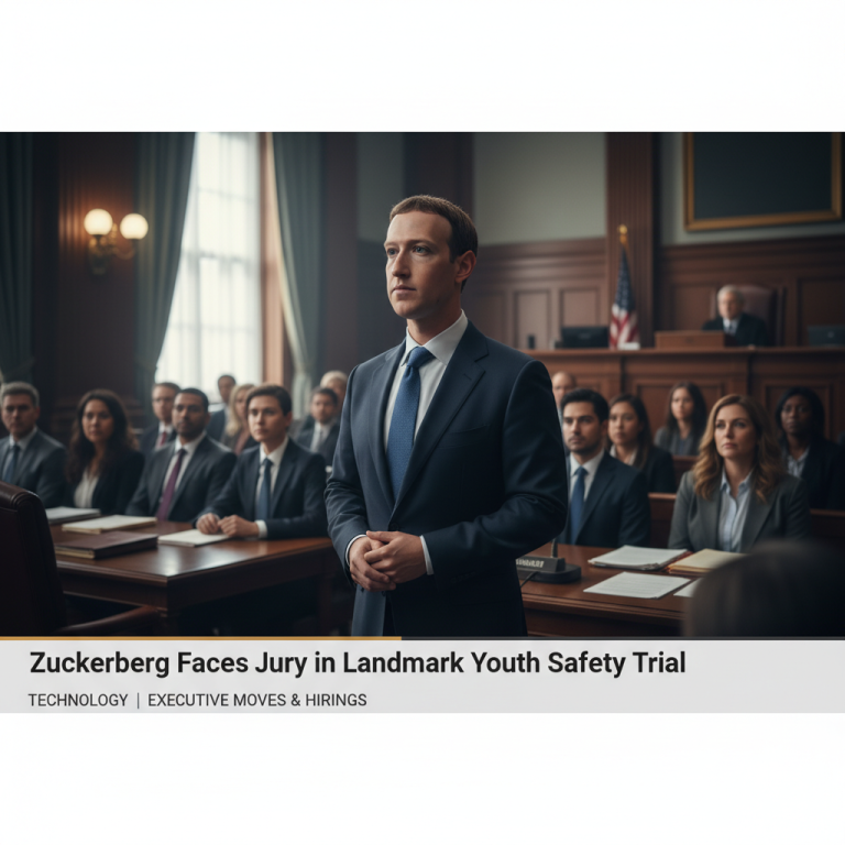 Mark Zuckerberg, dressed in a suit, stands in a courtroom, looking forward as a jury and observers watch.