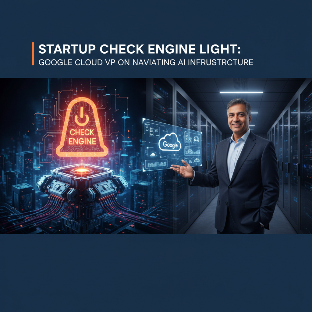 A professional man in a data center with a futuristic overlay of a "check engine" light and Google Cloud icons.