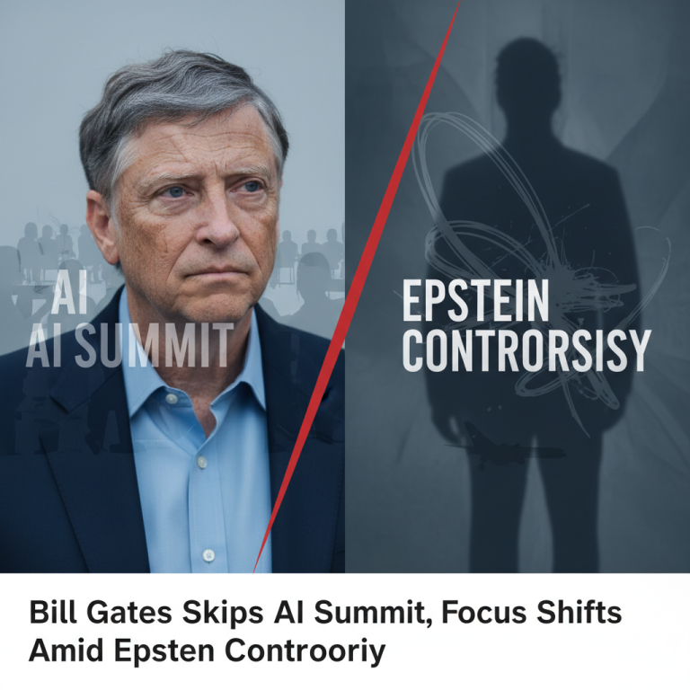 A split image showing Bill Gates on one side and a shadowy figure representing controversy on the other.