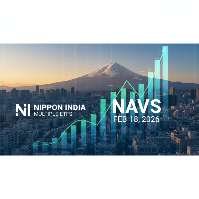 A professional image representing Nippon India ETFs with a rising stock graph overlaying a cityscape and Mount Fuji.