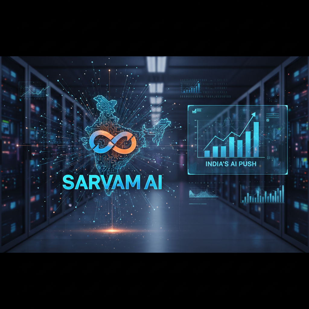 A digital illustration showing the Sarvam AI logo over a map of India, surrounded by data and server racks.