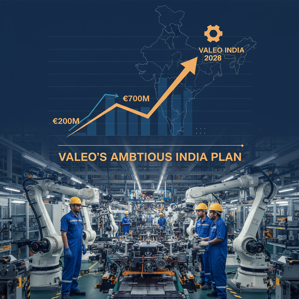 Valeo's growth strategy in India, represented by a graph overlaying a map of India and a modern manufacturing facility.