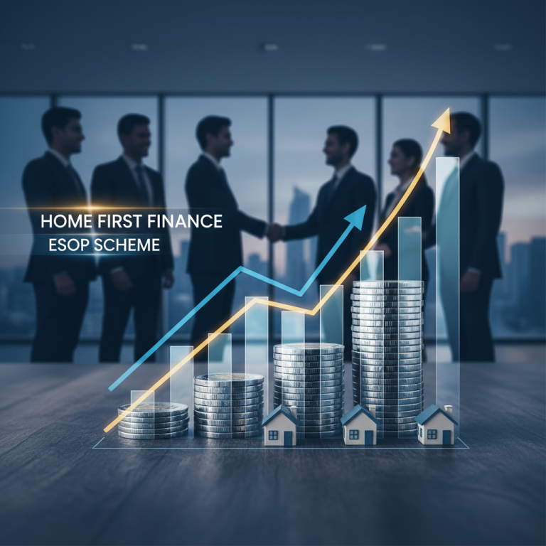 A business meeting with a graph showing increasing financial growth, stacks of coins, and small house models.