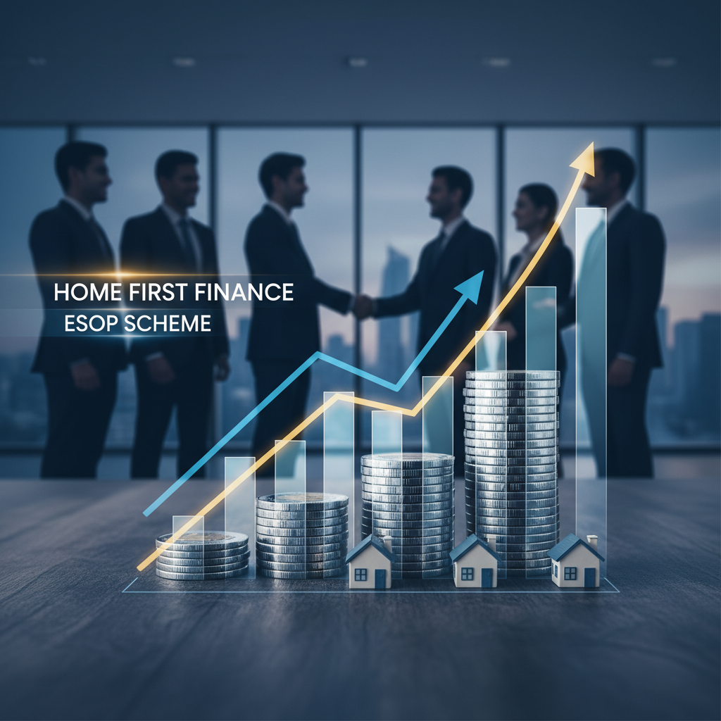 A business meeting with a graph showing increasing financial growth, stacks of coins, and small house models.