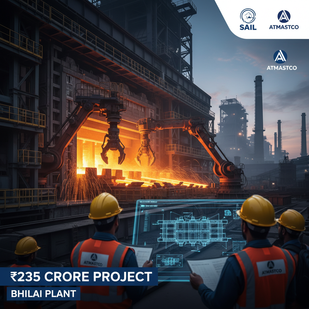 Professional image depicting steel manufacturing, with engineers viewing blueprints in the foreground and a reheating furnace in the background.