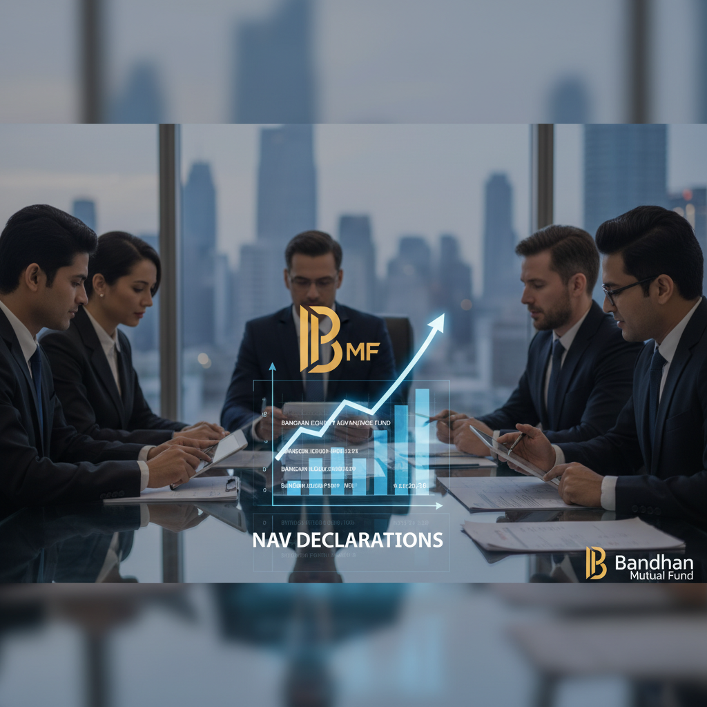 A professional image with Bandhan Mutual Fund branding, showing business people and financial graphs.