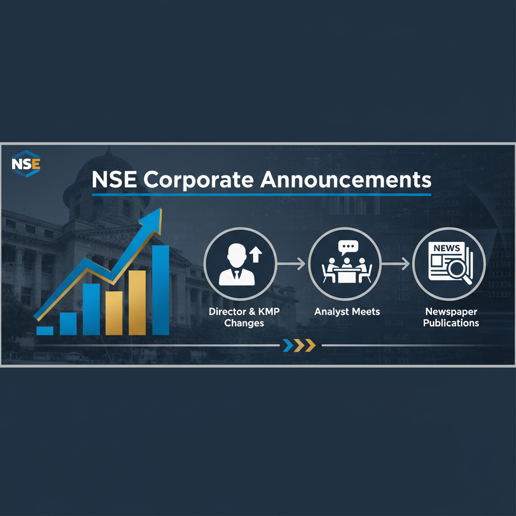 A professional graphic for NSE corporate announcements, showing a rising stock chart and icons for key updates.