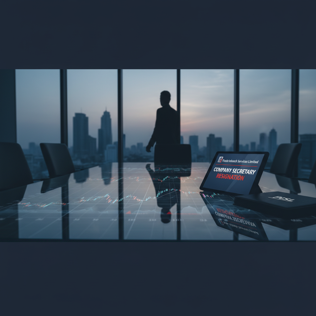 A professional image showing a tablet on a conference table with "Company Secretary Resignation" text, and an executive's silhouette.