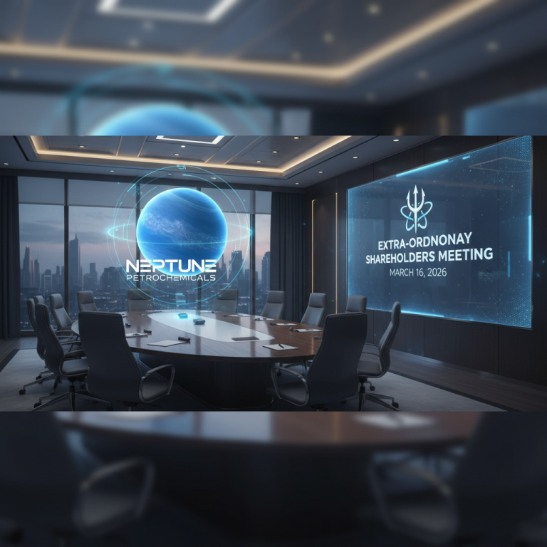 A modern boardroom with a holographic display showing "Neptune Petrochemicals" and "Extraordinary Shareholders Meeting."