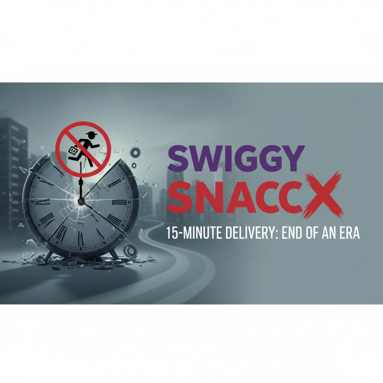 A shattered clock and a "no running delivery person" sign, symbolizing the end of Swiggy SNACC's 15-minute delivery.