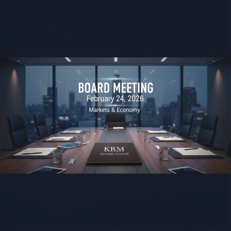 A modern boardroom overlooking a city, with "BOARD MEETING February 24, 2026 KRM Ayurveda Limited" displayed.