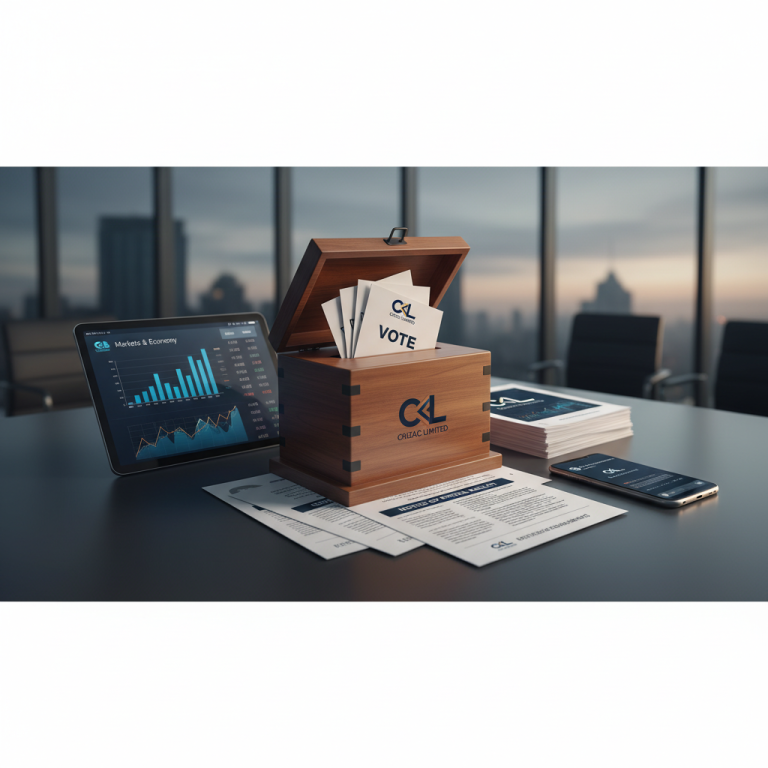 A wooden ballot box with "Crizac Limited" logo, alongside financial documents and a tablet displaying market data.