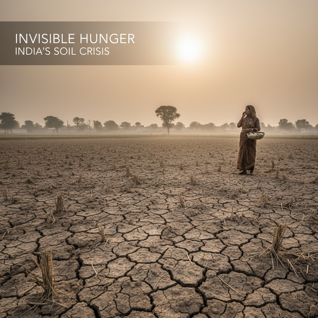 A professional, impactful image of a woman in traditional Indian attire standing in a parched, cracked agricultural field.